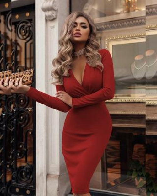 Load image into Gallery viewer, Women's Sexy Ribbed Sweater Dresses Bodycon V Neck Long Sleeve Midi
