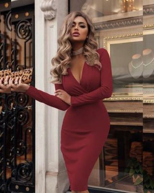 Load image into Gallery viewer, Women's Sexy Ribbed Sweater Dresses Bodycon V Neck Long Sleeve Midi
